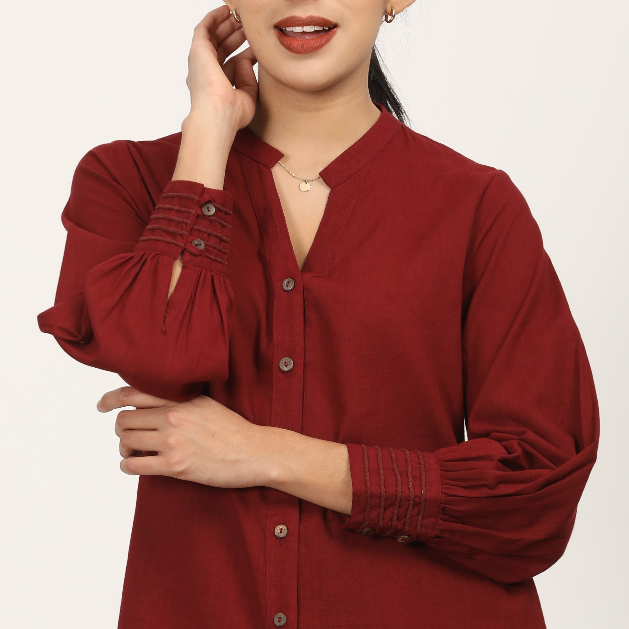 Penny Puff Sleeve Shirt With Split V Neck - Maroon