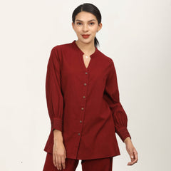 Penny Puff Sleeve Shirt With Split V Neck - Maroon