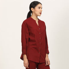 Penny Puff Sleeve Shirt With Split V Neck - Maroon