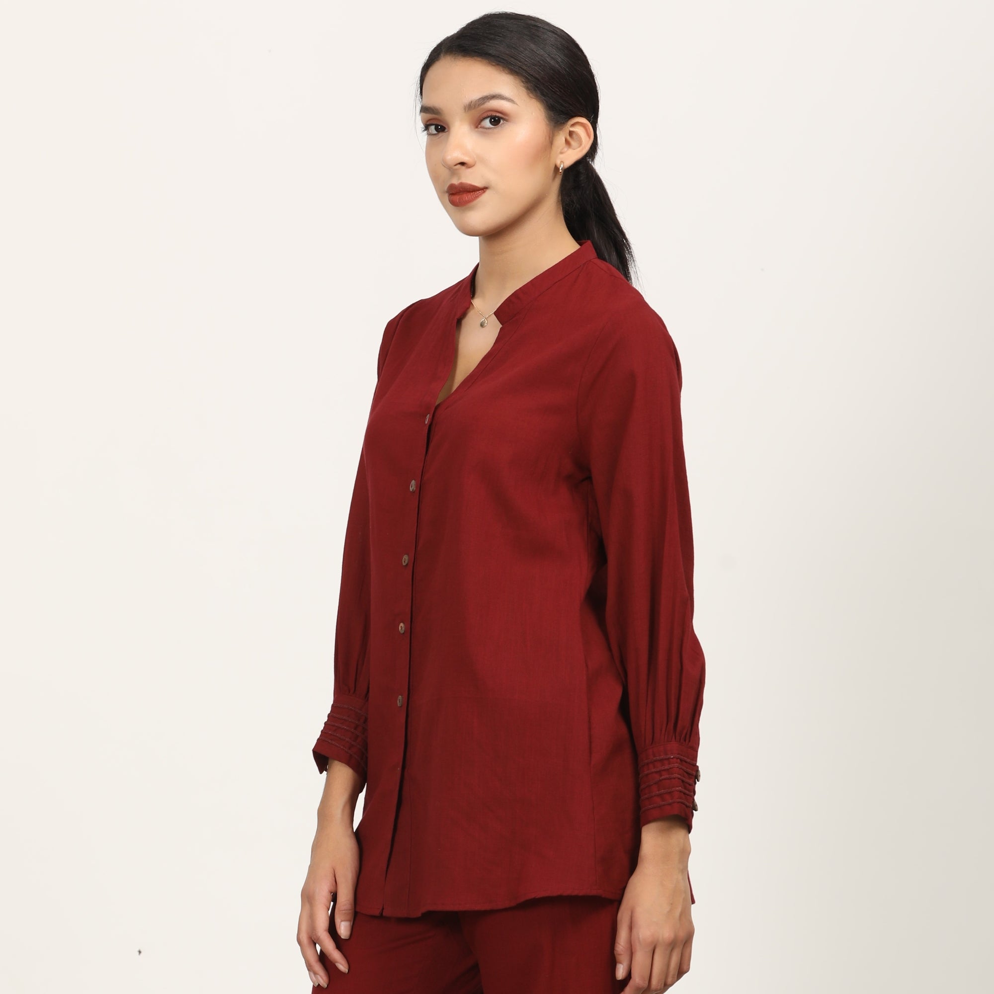 Penny Puff Sleeve Shirt With Split V Neck - Maroon