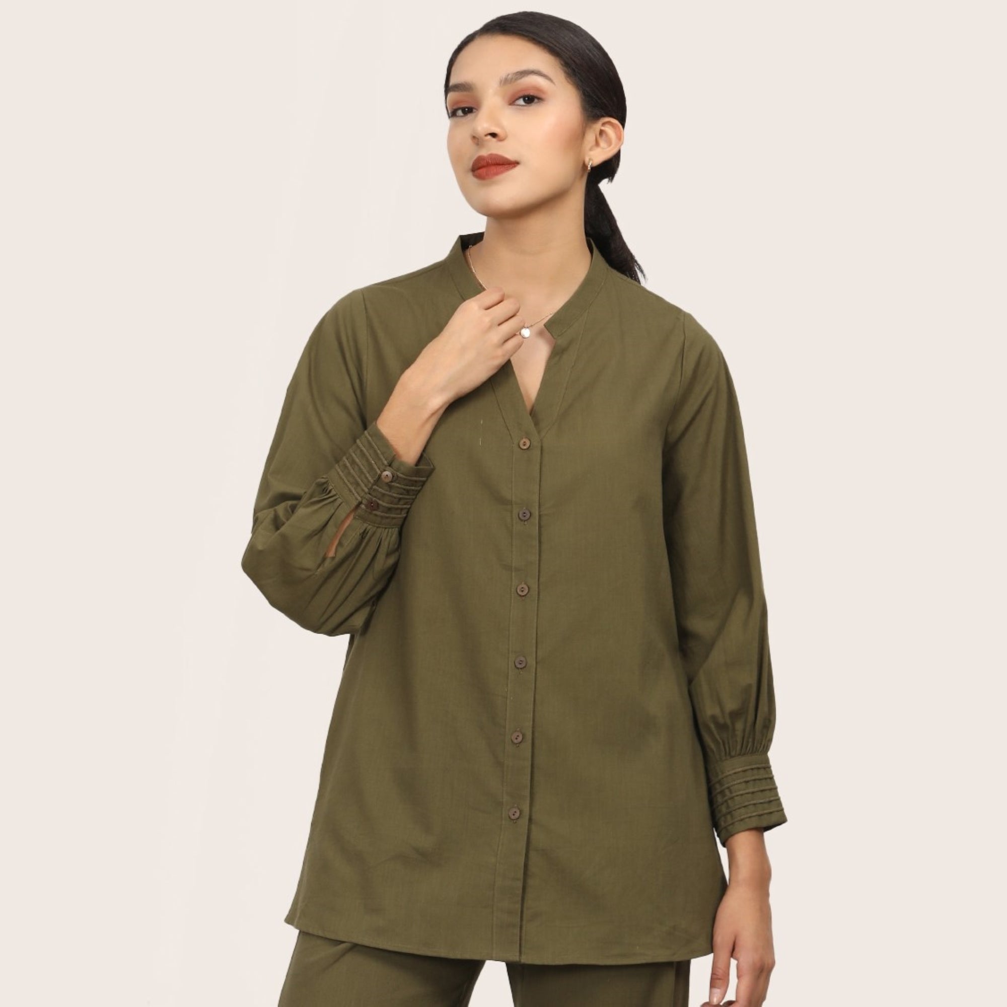 Penny Co-ord Set Of 2 - Shirt Tunic & Pants - Olive Green