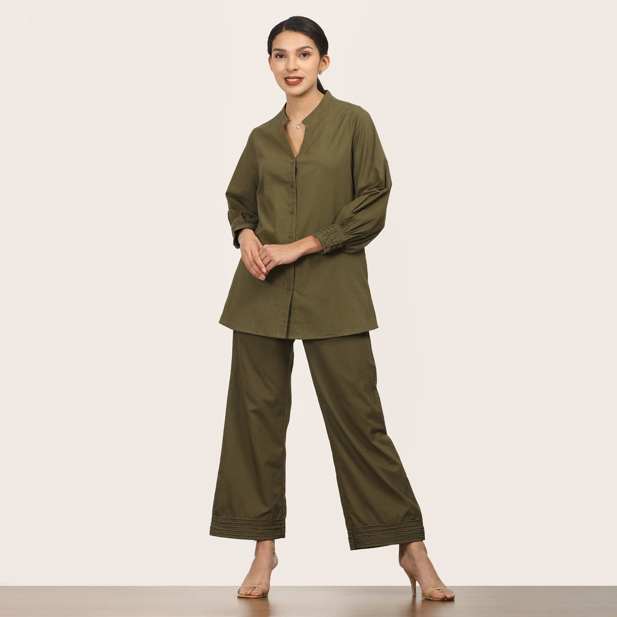 Penny Co-ord Set Of 2 - Shirt Tunic & Pants - Olive Green