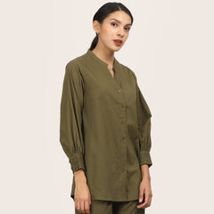 Penny Puff Sleeve Shirt With Split V Neck - Olive Green