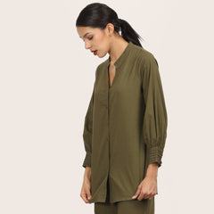 Penny Puff Sleeve Shirt With Split V Neck - Olive Green