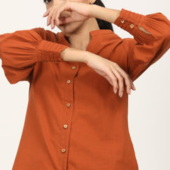 Penny Puff Sleeve Shirt With Split V Neck - Autumn Rust