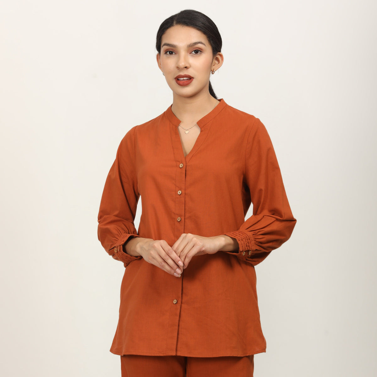 Penny Puff Sleeve Shirt With Split V Neck - Autumn Rust