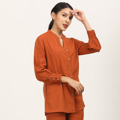 Penny Puff Sleeve Shirt With Split V Neck - Autumn Rust