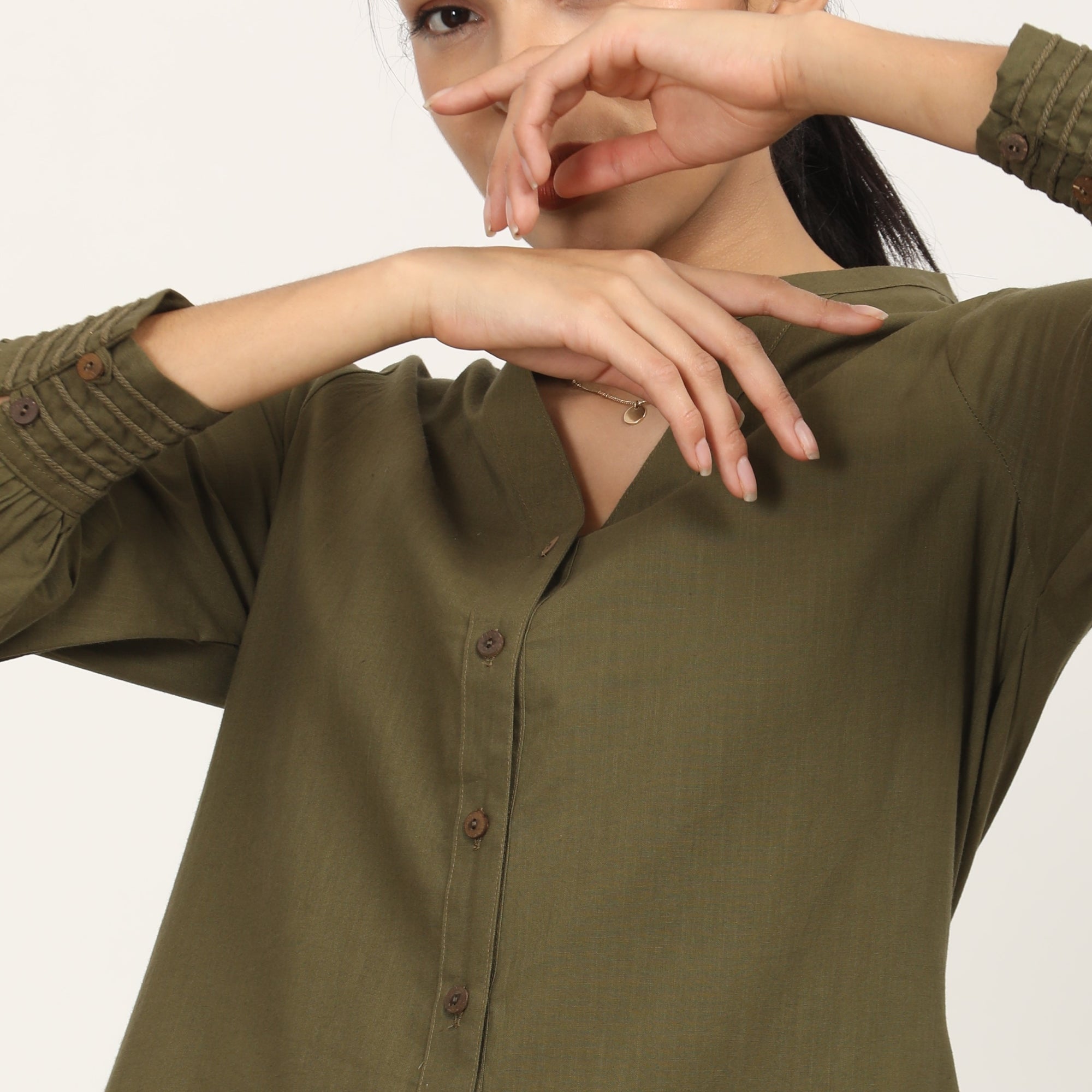 Penny Puff Sleeve Shirt With Split V Neck - Olive Green