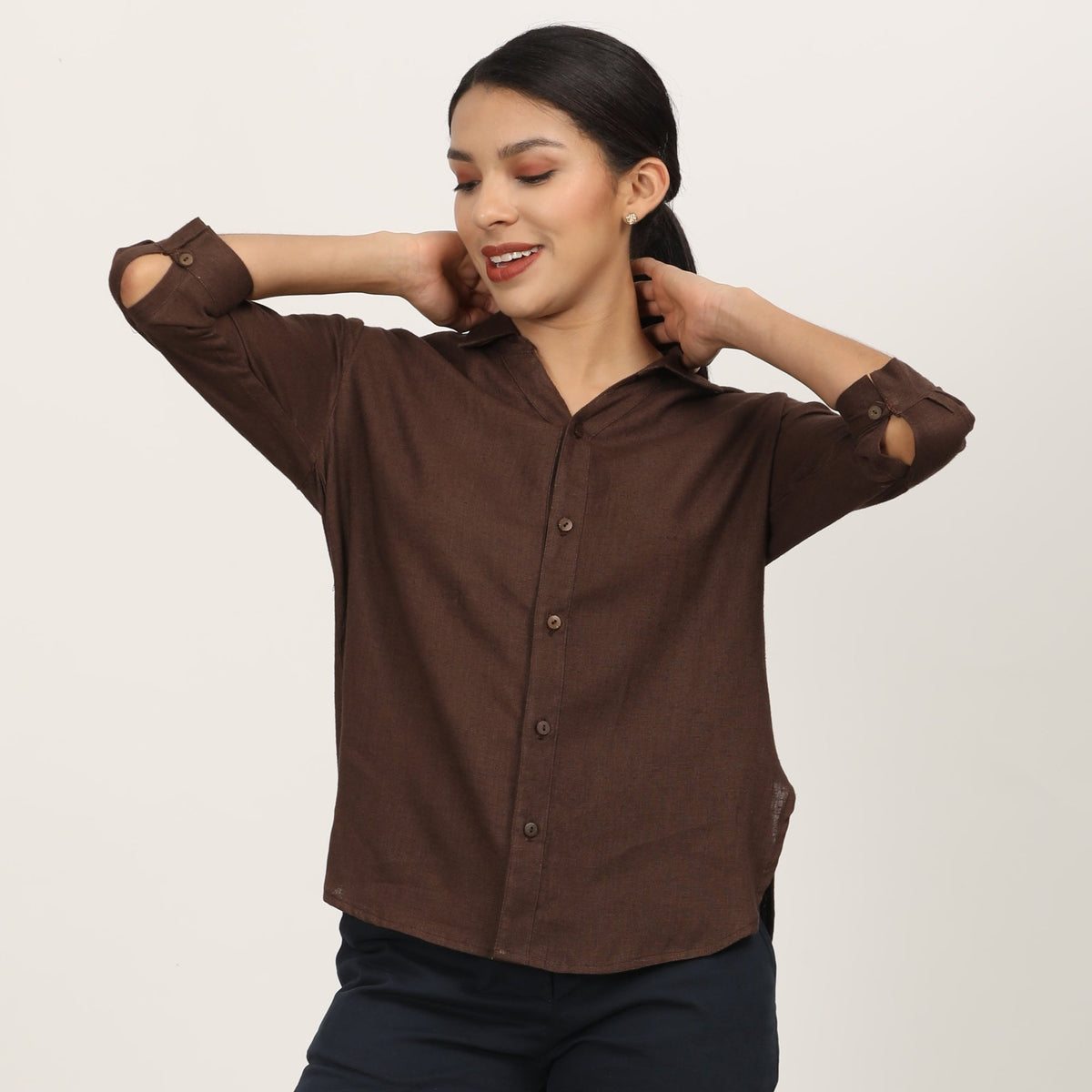 Franca Split V Neck Shirt - Coffee Brown