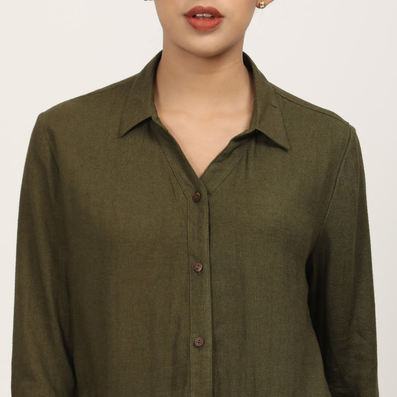Franca Split V Neck Shirt - Olive Green