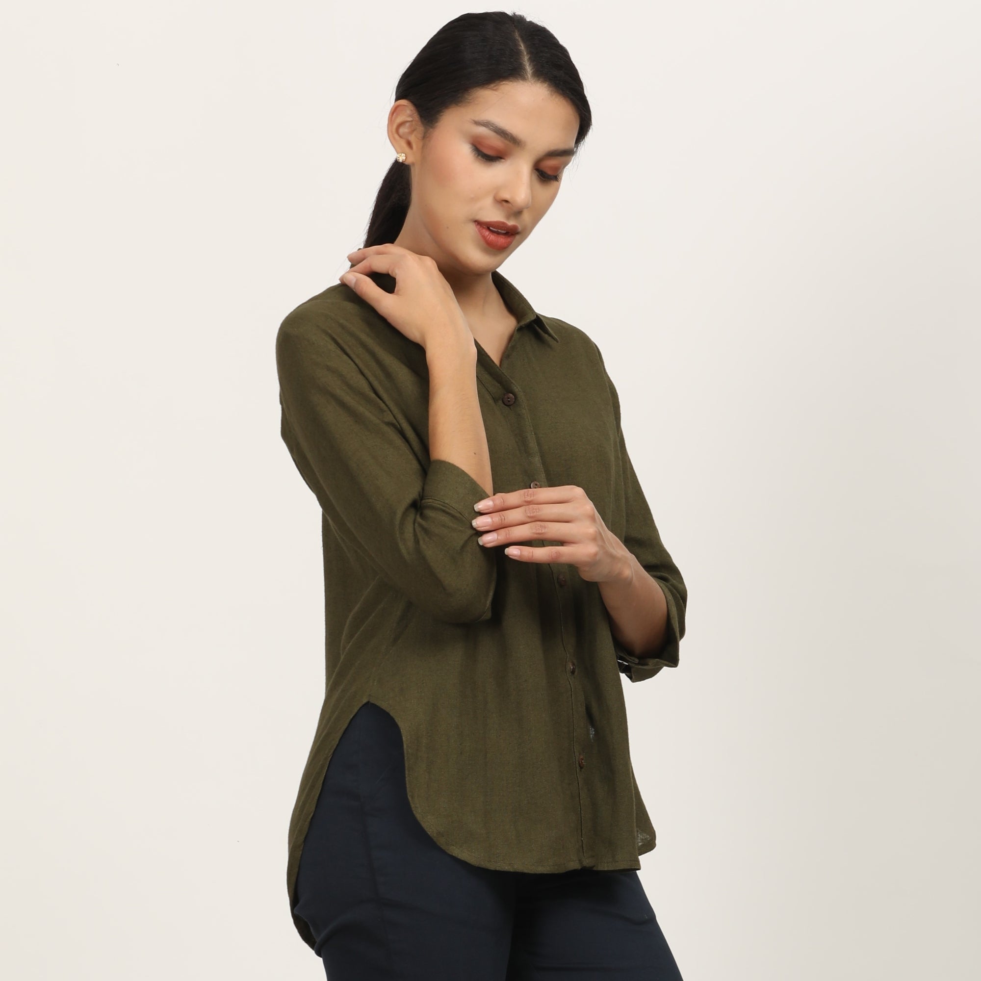 Franca Split V Neck Shirt - Olive Green