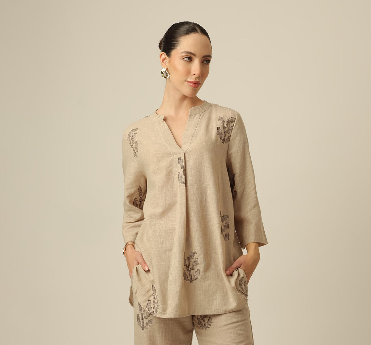 Sherry Single Pleated Split V Neck Tunic - Greige With Embroidery