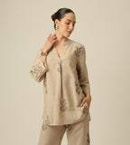 Sherry Single Pleated Split V Neck Tunic - Greige With Embroidery