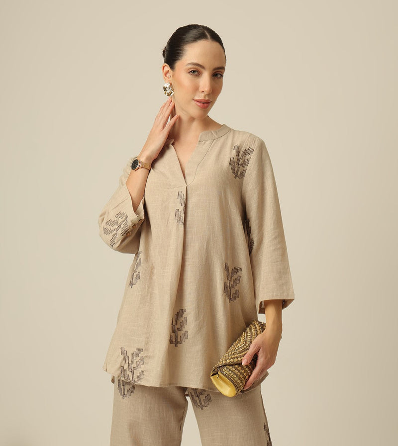 Sherry Single Pleated Split V Neck Tunic - Greige With Embroidery