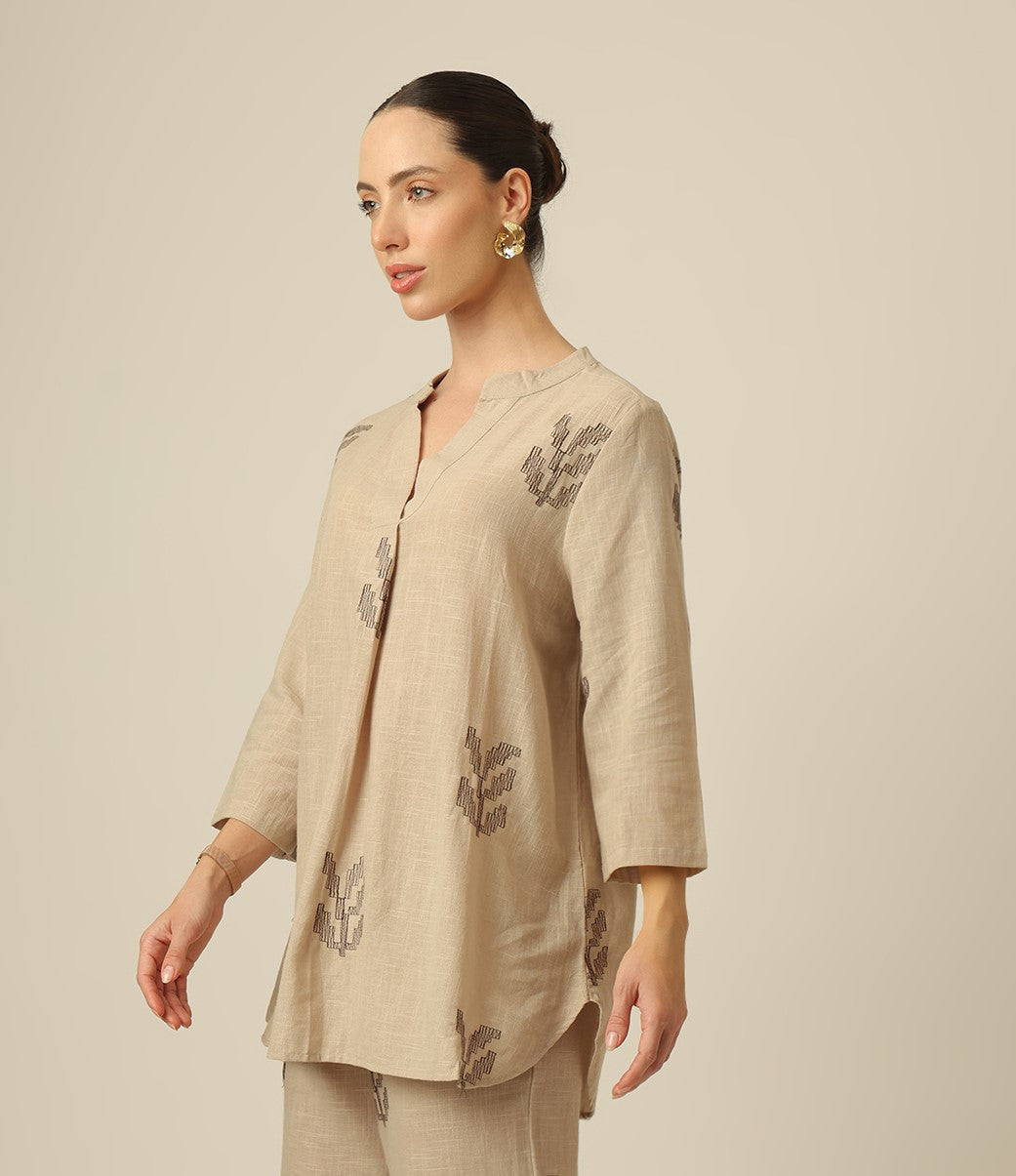 Sherry Single Pleated Split V Neck Tunic - Greige With Embroidery