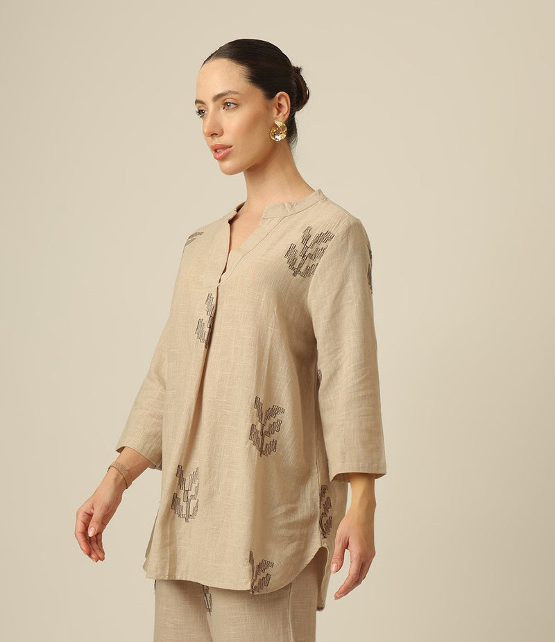 Sherry Single Pleated Split V Neck Tunic - Greige With Embroidery