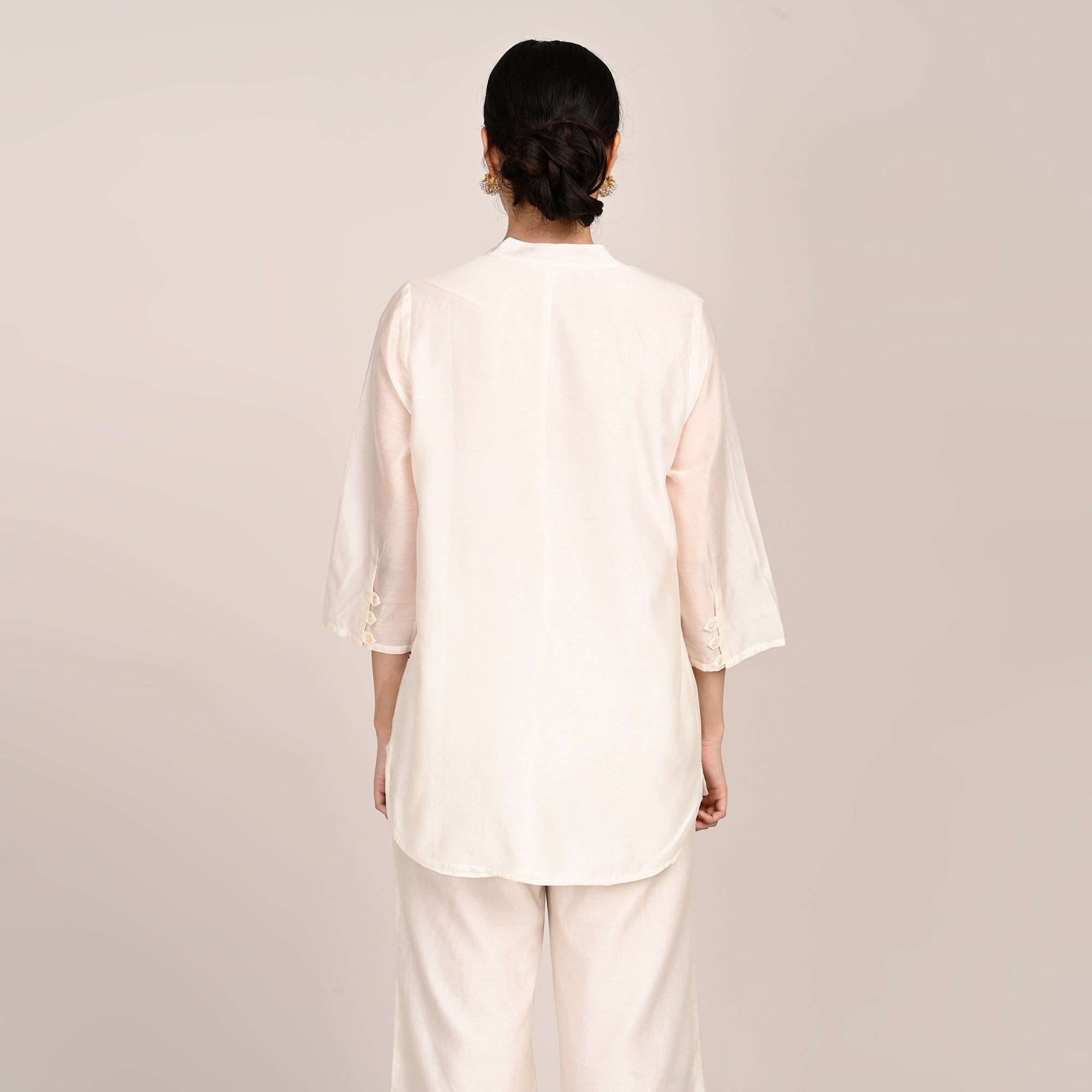 Sherry Co-Ord Set Of 2 - Tunic & Pants With Hand Embroidered Motif - Limited Edition - Pearl White Chanderi Silk