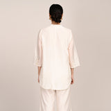 Sherry Single Pleated Split V Neck Tunic With Hand Embroidered Motif - Limited Edition - Pearl White Chanderi Silk