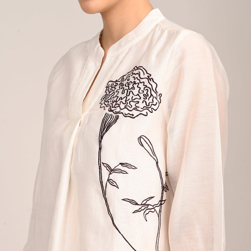 Sherry Single Pleated Split V Neck Tunic With Hand Embroidered Motif - Limited Edition - Pearl White Chanderi Silk