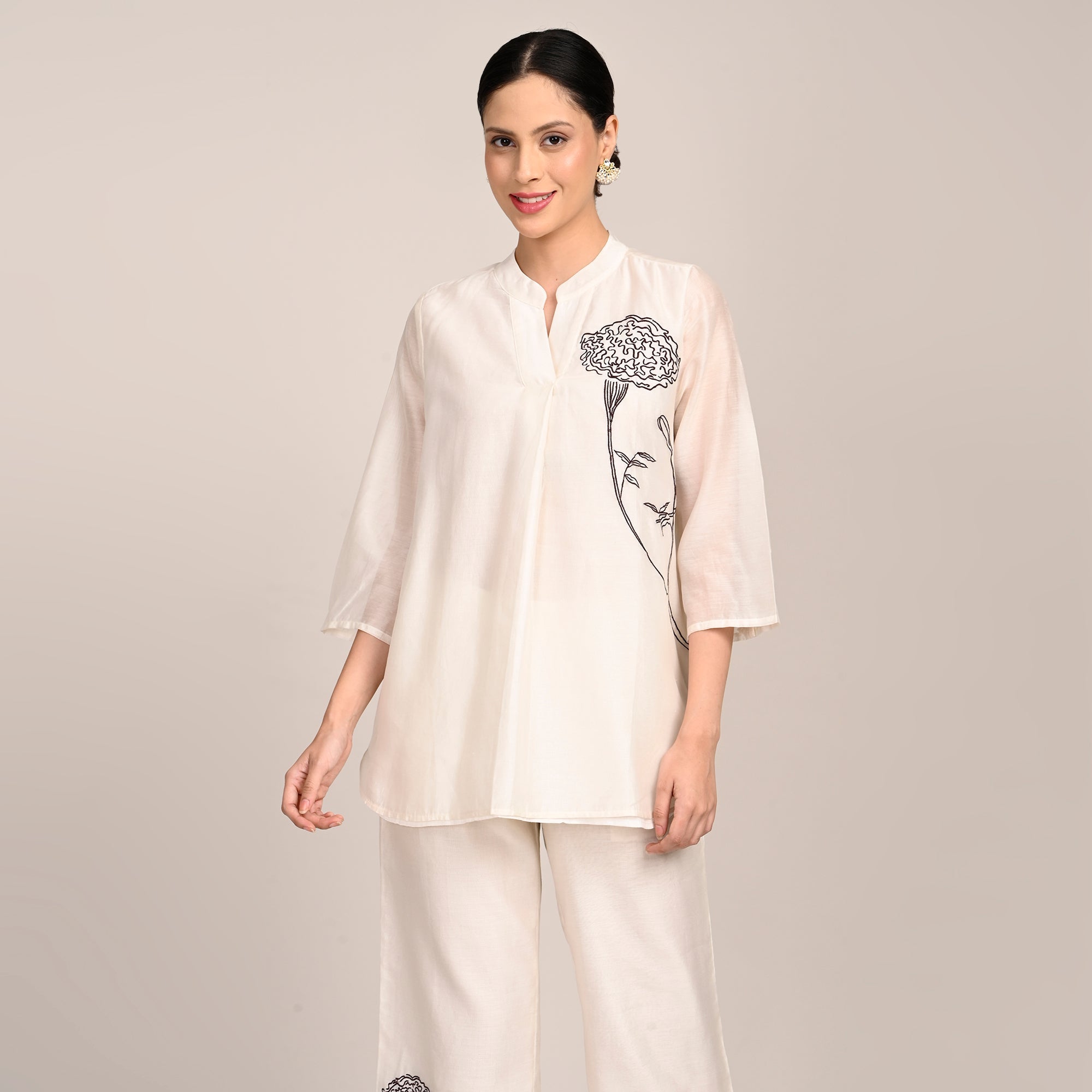 Sherry Co-Ord Set Of 2 - Tunic & Pants With Hand Embroidered Motif - Limited Edition - Pearl White Chanderi Silk
