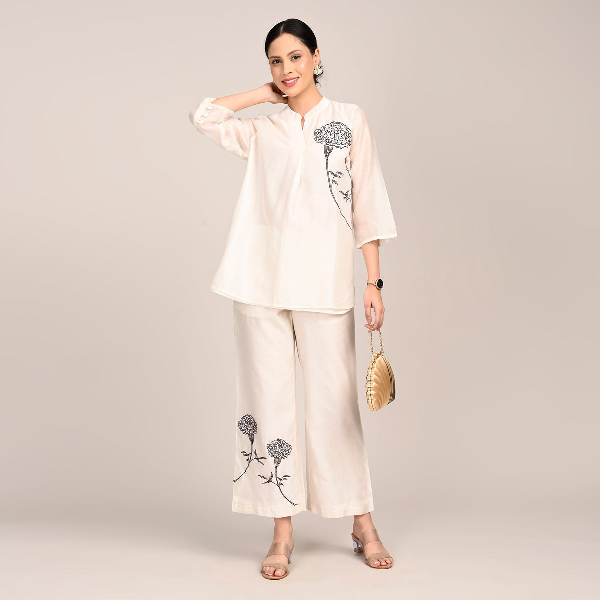 Sherry Co-Ord Set Of 2 - Tunic & Pants With Hand Embroidered Motif - Limited Edition - Pearl White Chanderi Silk