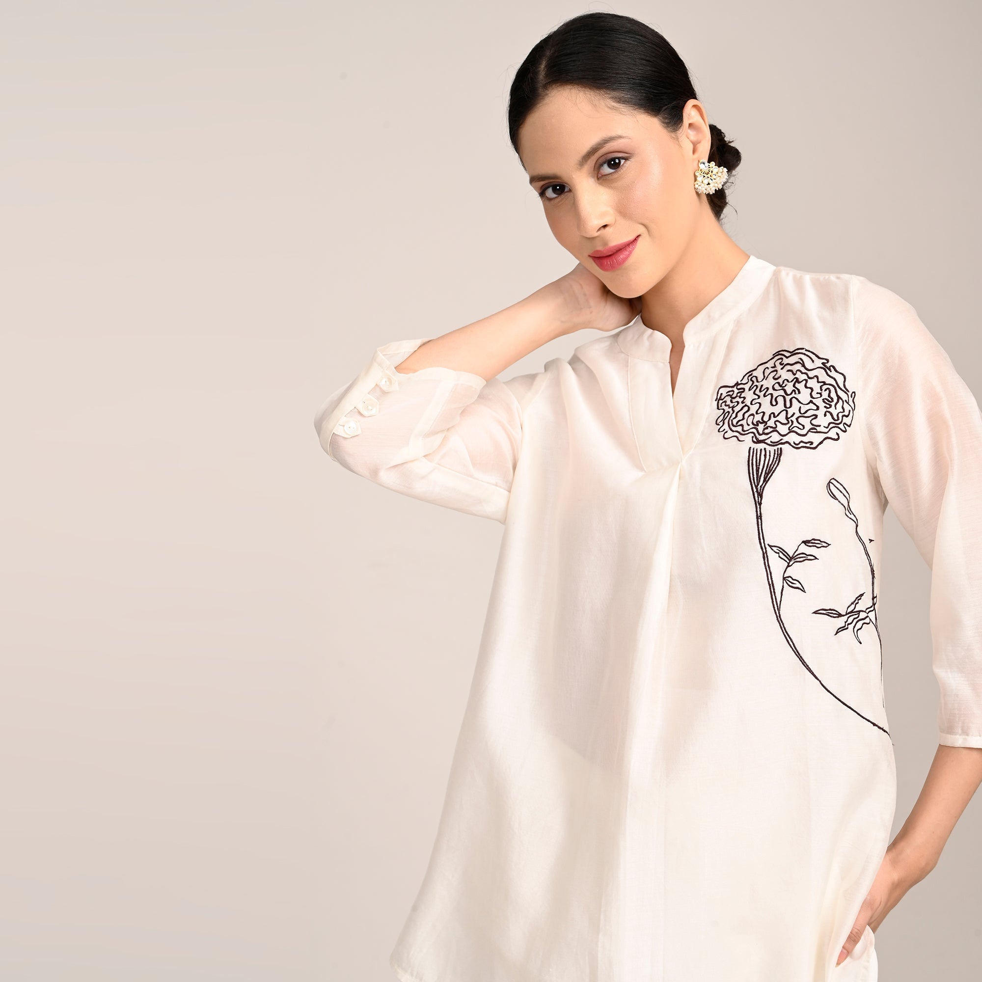 Sherry Co-Ord Set Of 2 - Tunic & Pants With Hand Embroidered Motif - Limited Edition - Pearl White Chanderi Silk