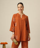 Sherry Single Pleated Split V Neck Tunic - Orange With Embroidery