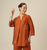 Sherry Single Pleated Split V Neck Tunic - Orange With Embroidery