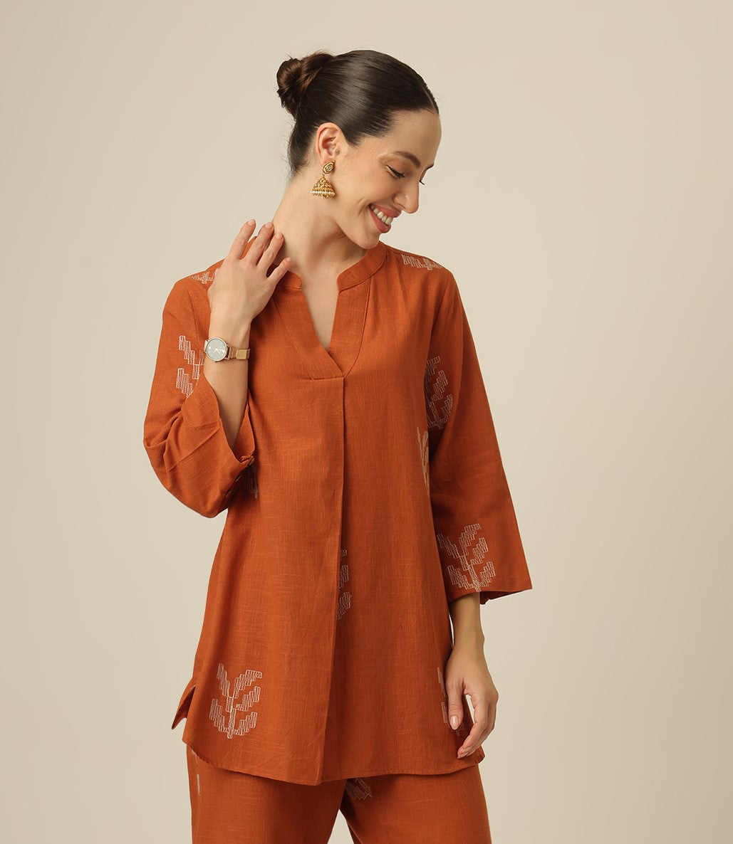 Sherry Single Pleated Split V Neck Tunic - Orange With Embroidery