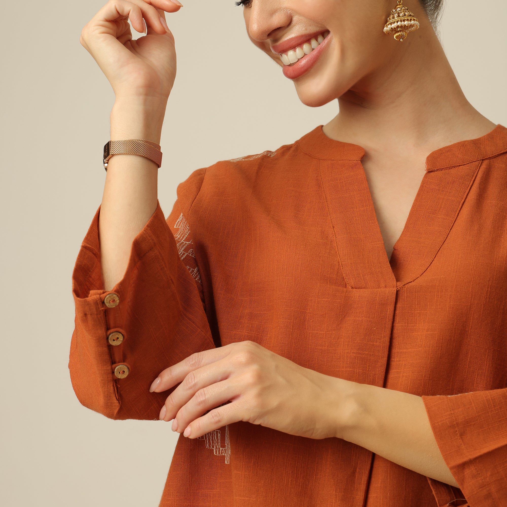 Sherry Single Pleated Split V Neck Tunic - Orange With Embroidery