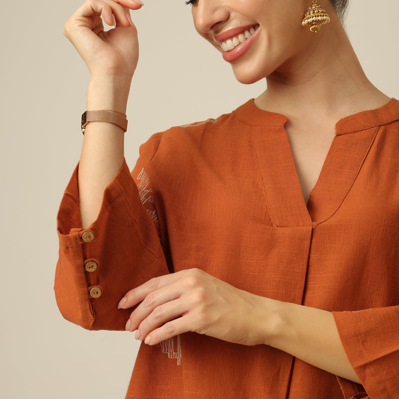 Sherry Single Pleated Split V Neck Tunic - Orange With Embroidery
