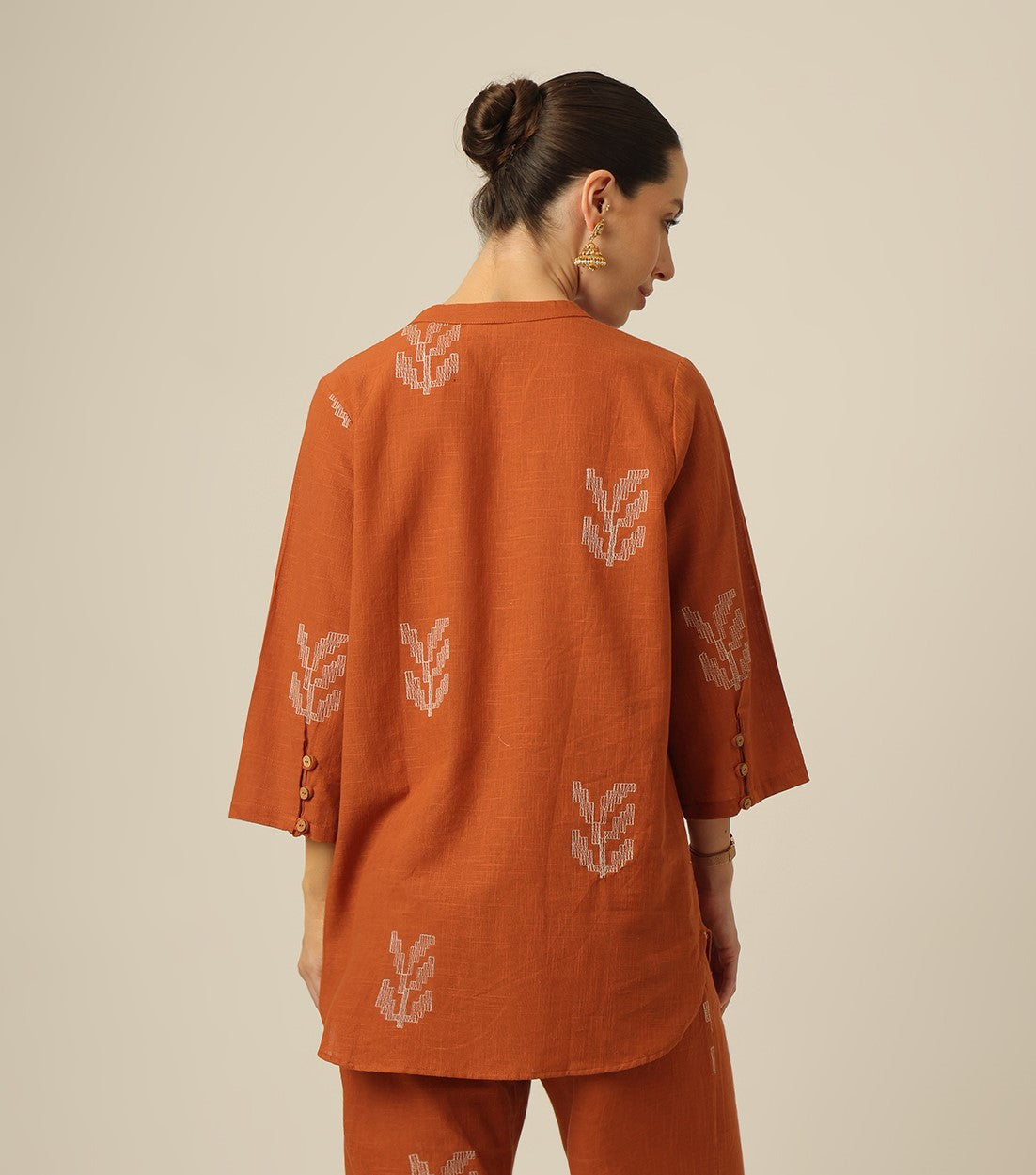 Sherry Single Pleated Split V Neck Tunic - Orange With Embroidery