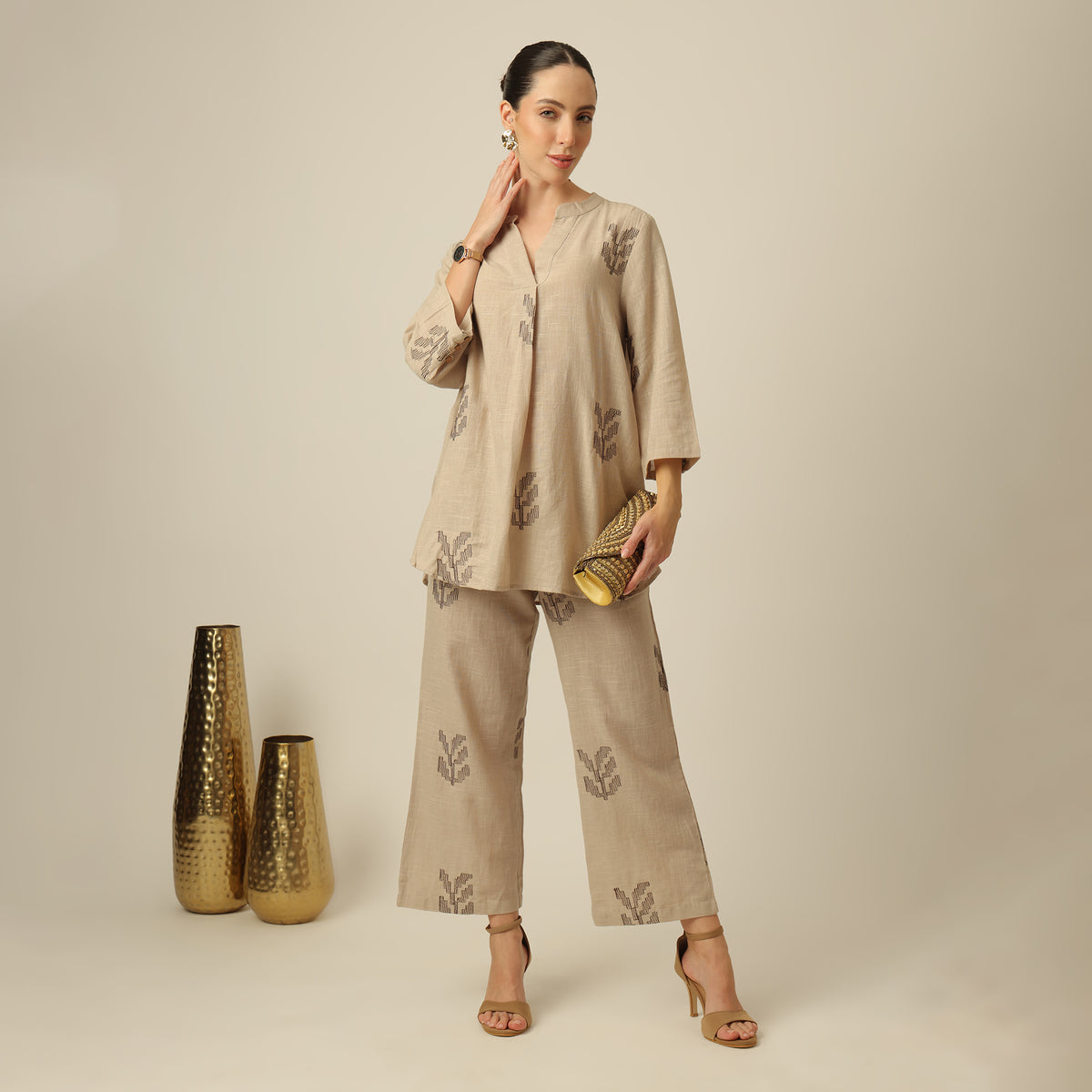 Sherry Co-Ord Set Of 2 - Tunic & Pants - Greige With Embroidery