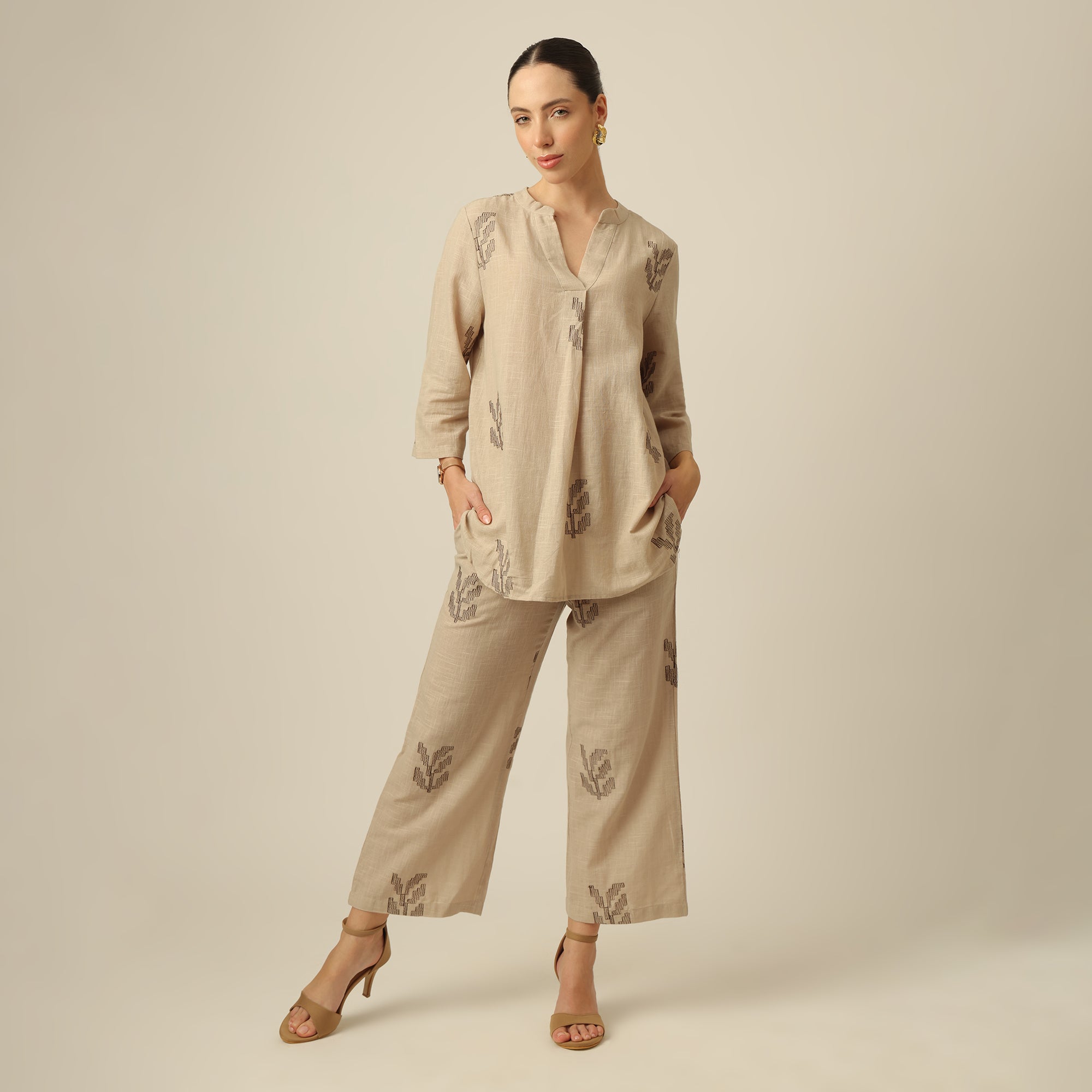 Sherry Co-Ord Set Of 2 - Tunic & Pants - Greige With Embroidery