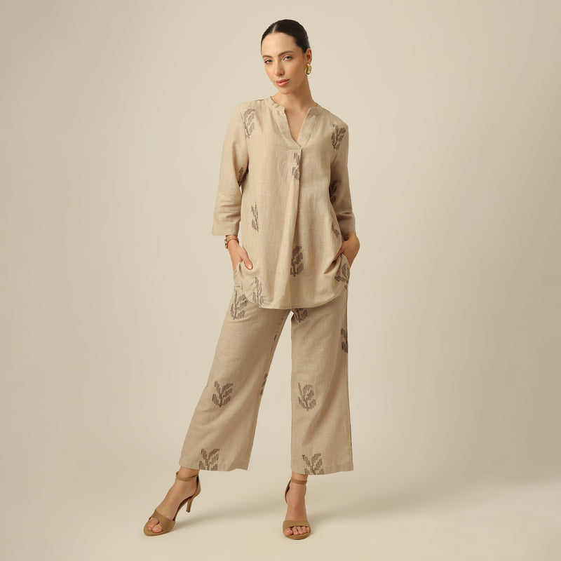 Sherry Co-Ord Set Of 2 - Tunic & Pants - Greige With Embroidery