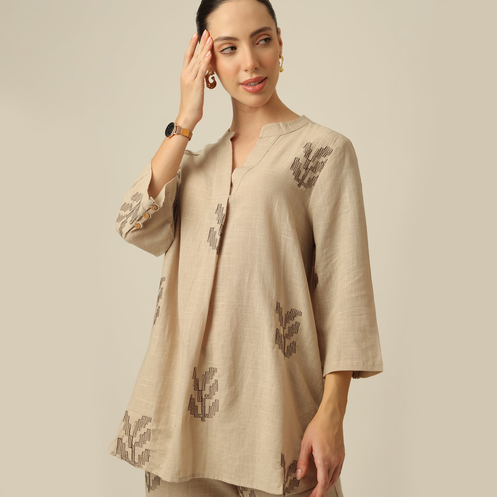Sherry Co-Ord Set Of 2 - Tunic & Pants - Greige With Embroidery