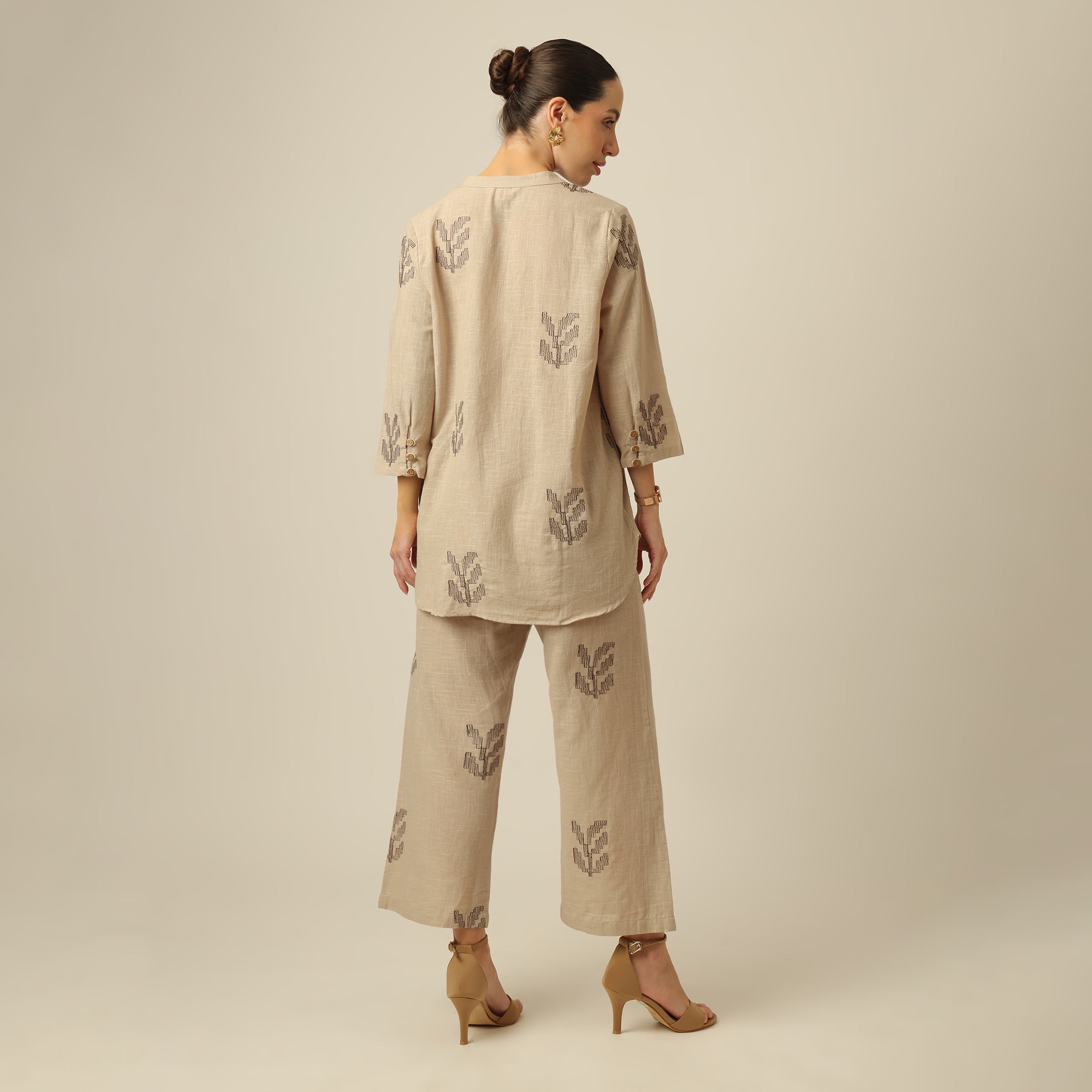 Sherry Co-Ord Set Of 2 - Tunic & Pants - Greige With Embroidery