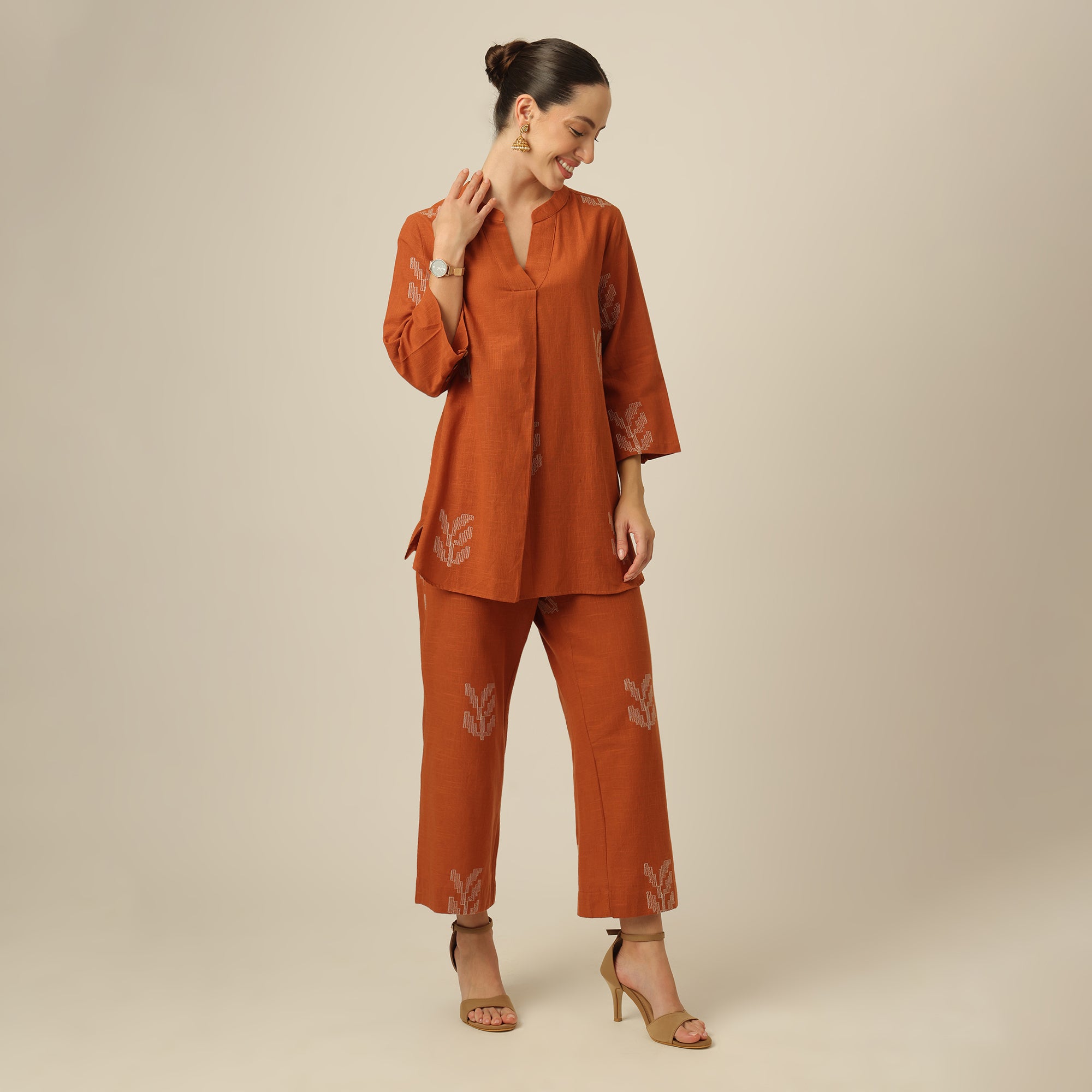 Sherry Co-Ord Set Of 2 - Tunic & Pants - Orange With Embroidery