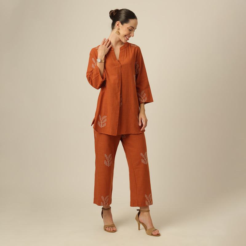 Sherry Co-Ord Set Of 2 - Tunic & Pants - Orange With Embroidery