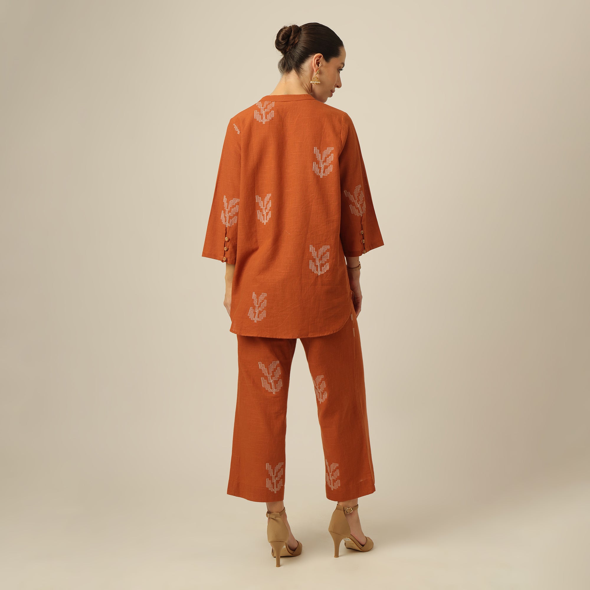 Sherry Co-Ord Set Of 2 - Tunic & Pants - Orange With Embroidery