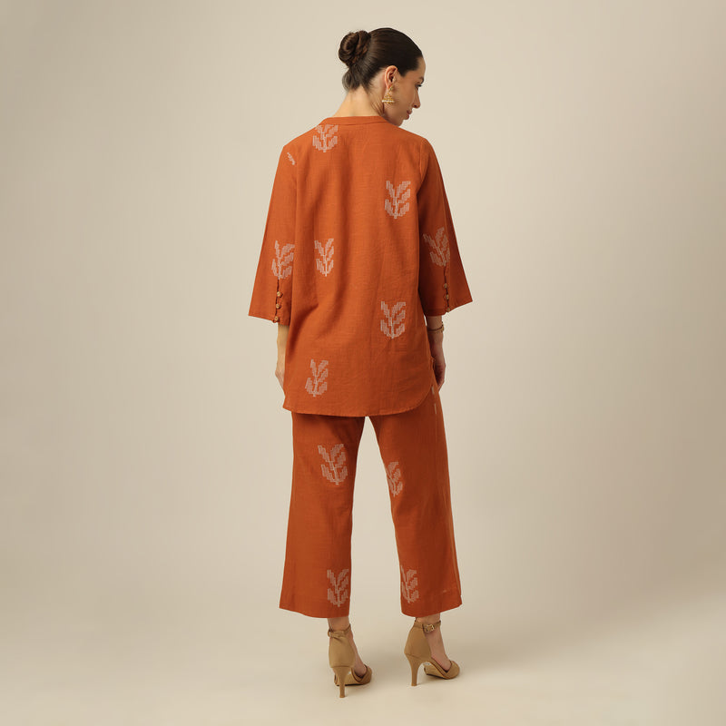 Sherry Co-Ord Set Of 2 - Tunic & Pants - Orange With Embroidery
