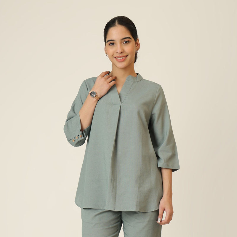 Sherry Single Pleated Split V Neck Tunic - Agave Green