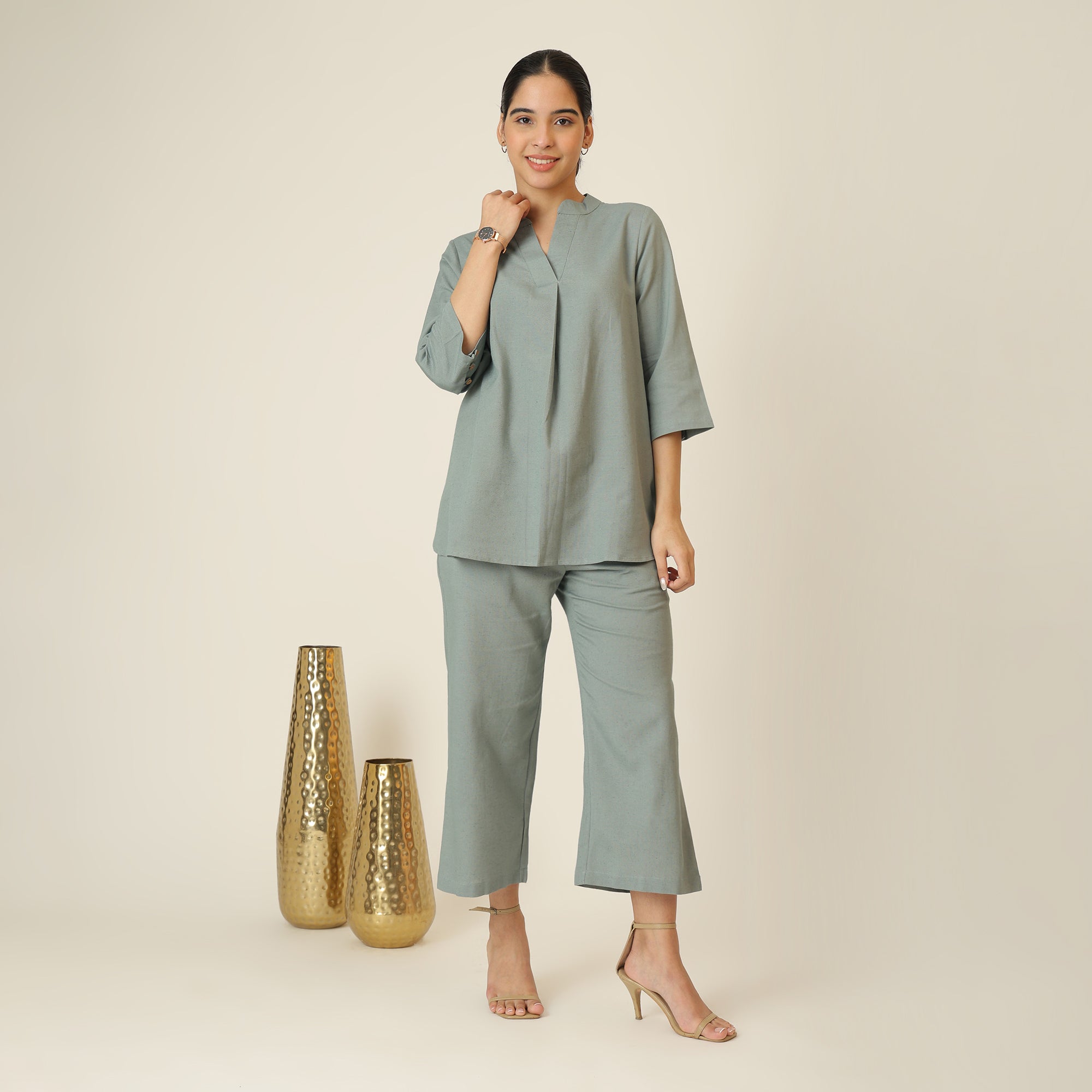 Sherry Single Pleated Split V Neck Tunic - Agave Green