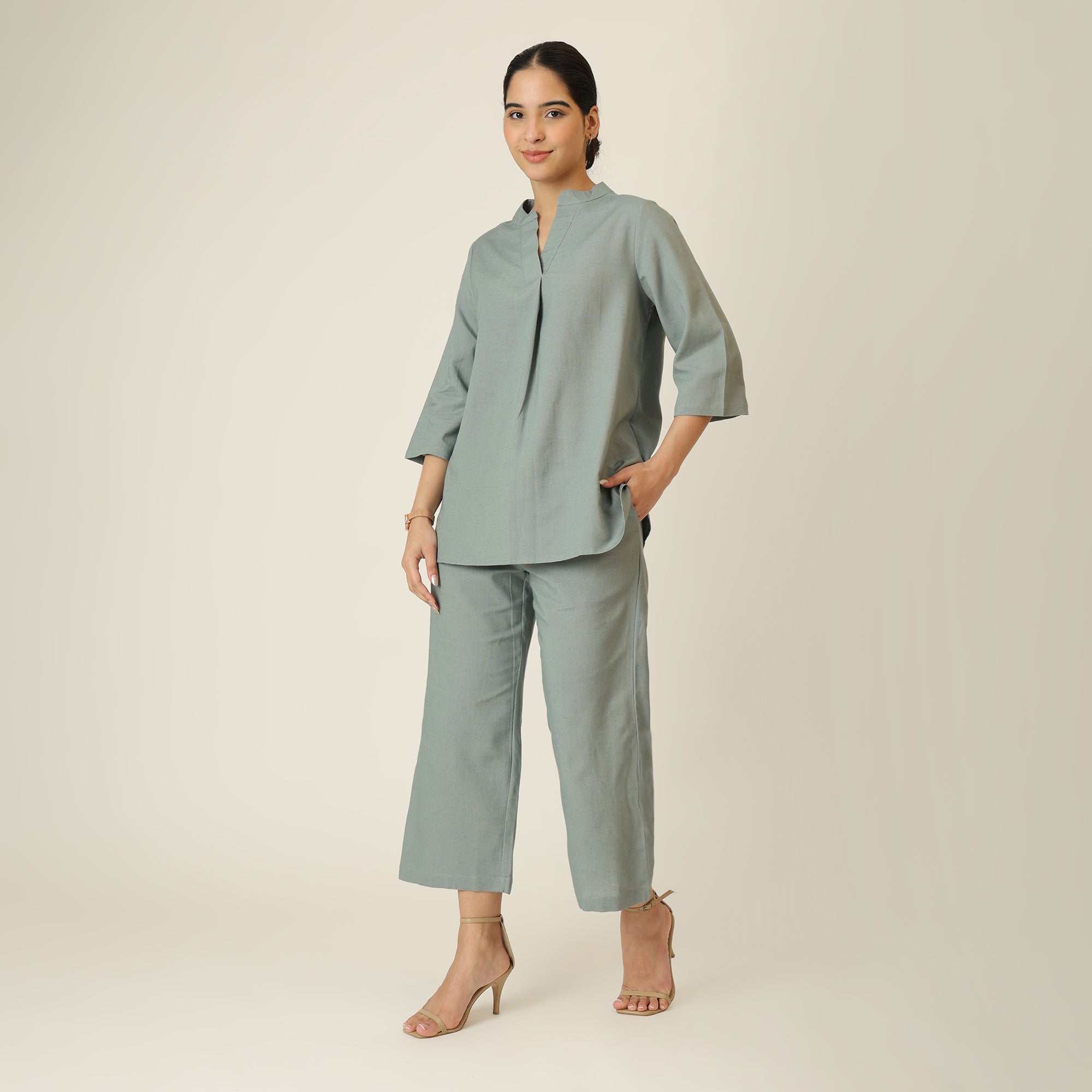 Sherry Single Pleated Split V Neck Tunic - Agave Green