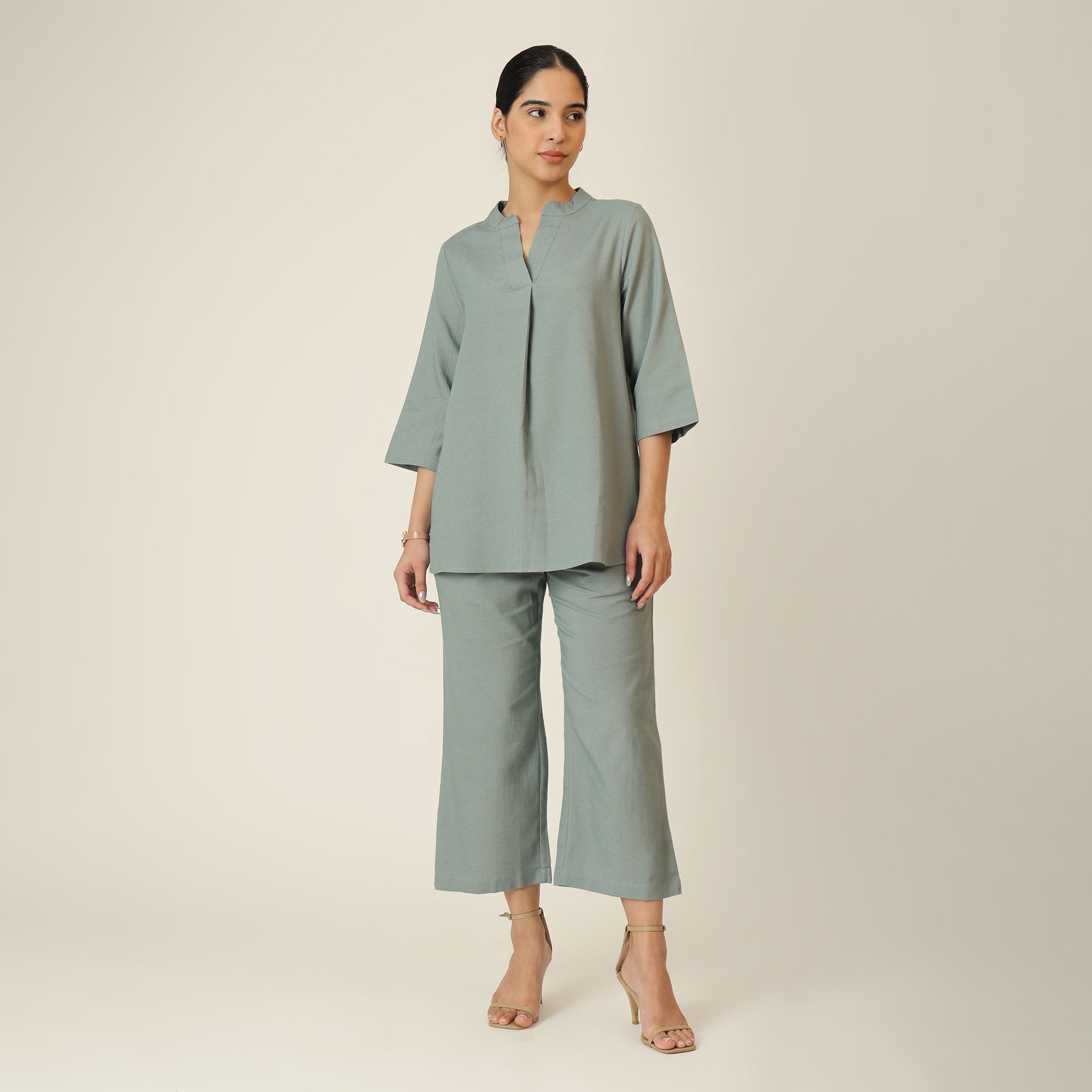 Sherry Single Pleated Split V Neck Tunic - Agave Green
