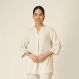Sherry Single Pleated Split V Neck Tunic - Beige
