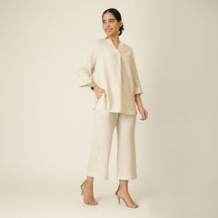 Sherry Single Pleated Split V Neck Tunic - Beige