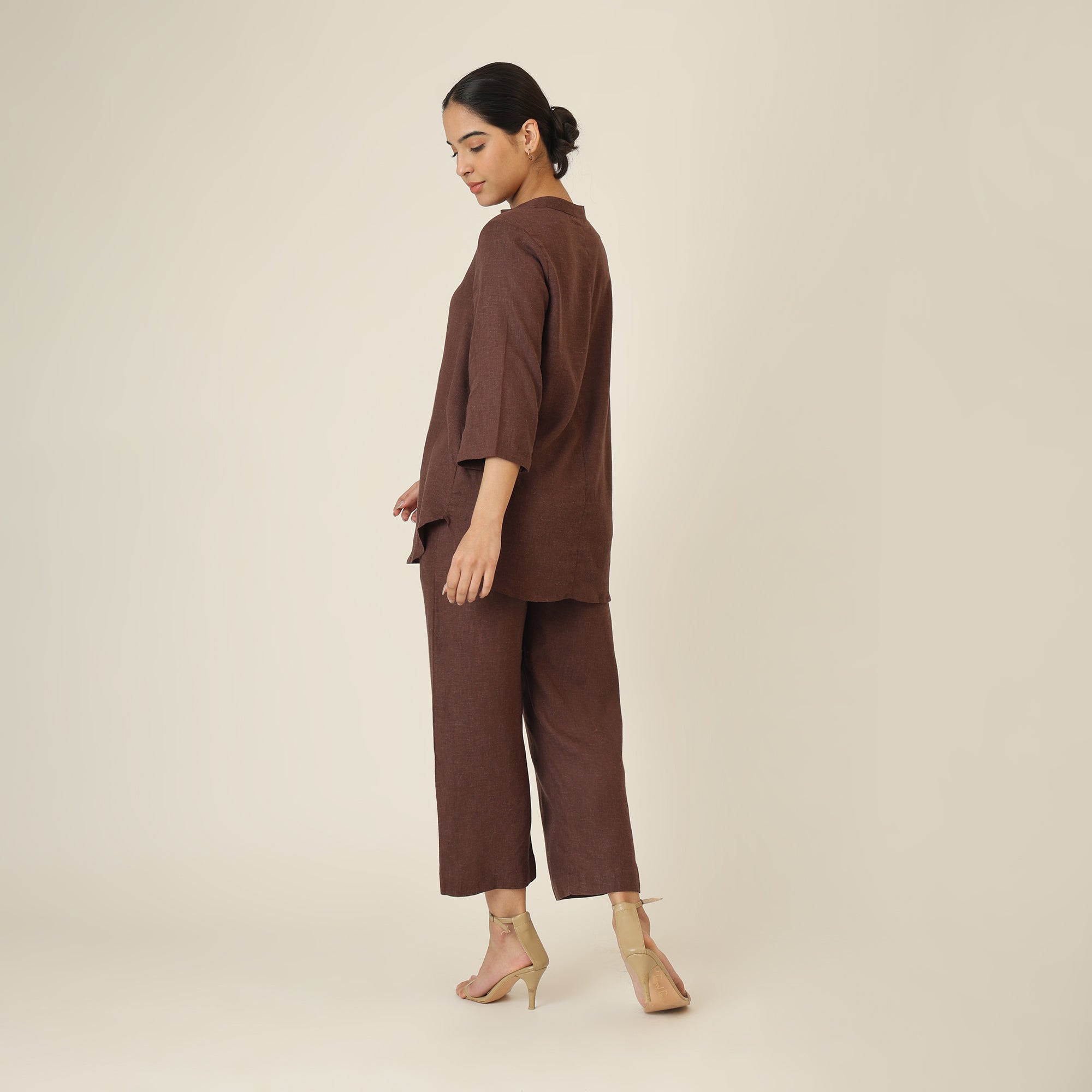 Sherry Single Pleated Split V Neck Tunic - Coffee Brown