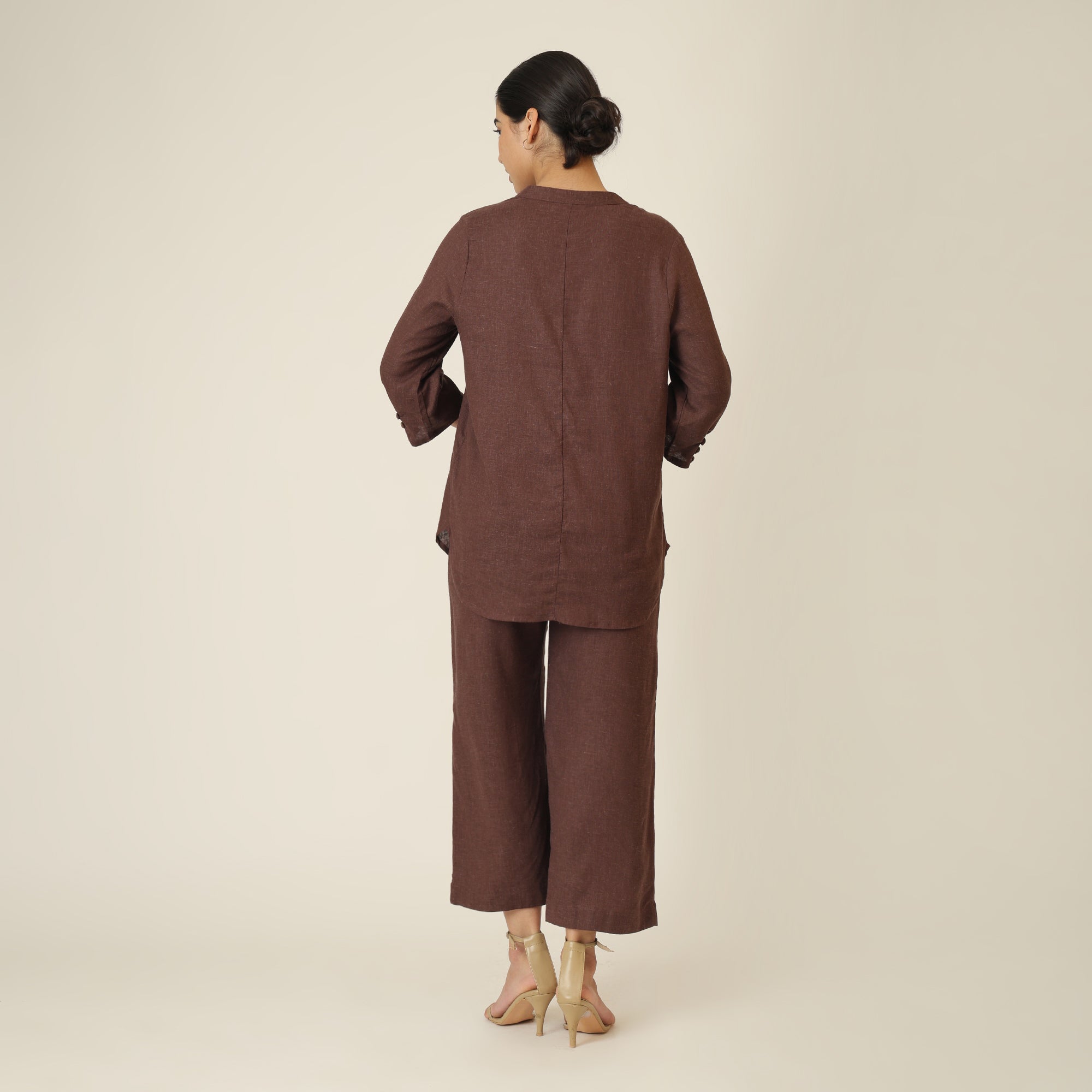Sherry Single Pleated Split V Neck Tunic - Coffee Brown