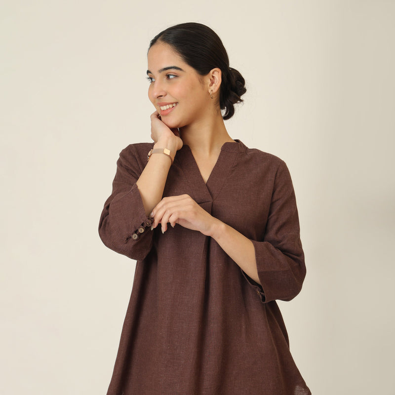 Sherry Single Pleated Split V Neck Tunic - Coffee Brown